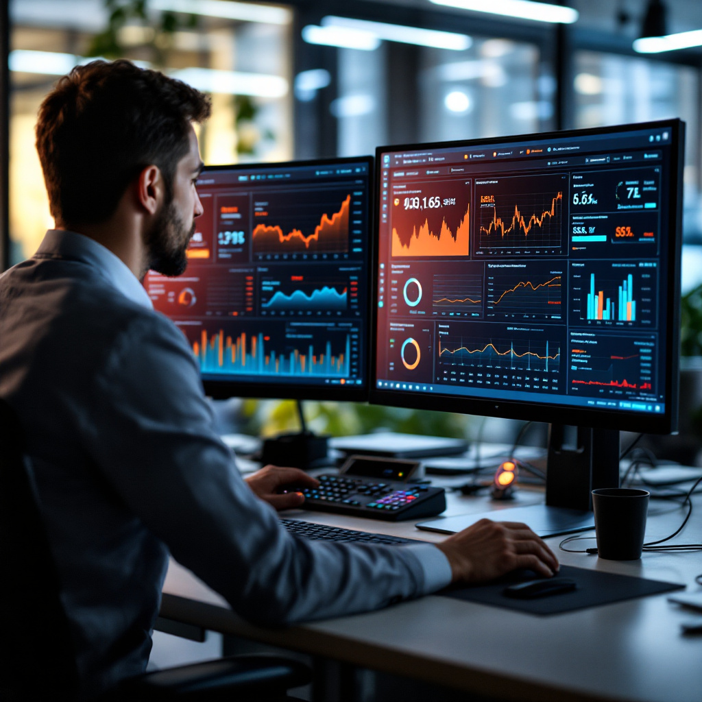 professional analyst in modern office monitoring AI confidence scoring dashboard displaying high/low thresholds and ticket escalation alerts on dual screens