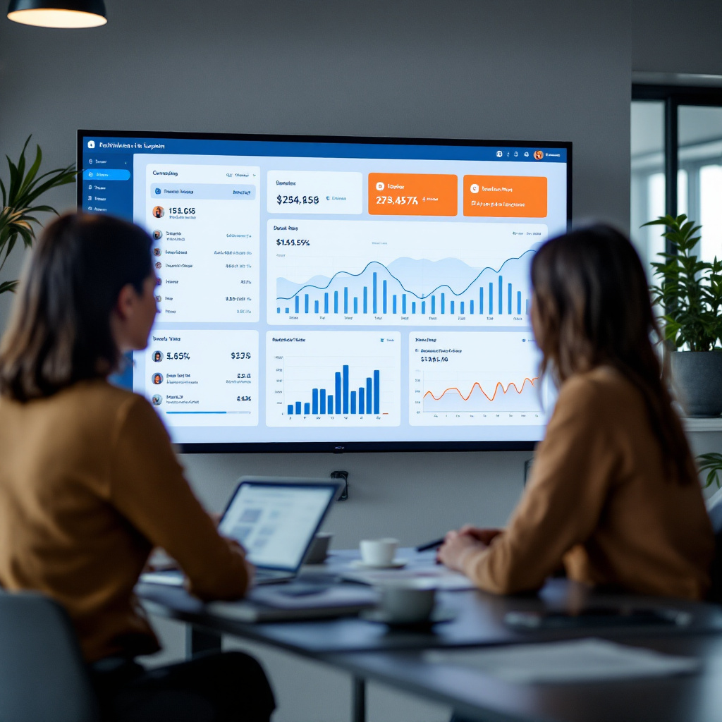 small business team in modern office analyzing conversational AI support dashboard showing doubled ticket automation metrics on large screen