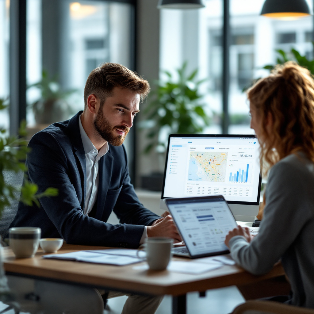 small business team analyzing Moz Pro local SEO dashboard on laptop in bright modern office, reviewing rank tracking maps and keywords