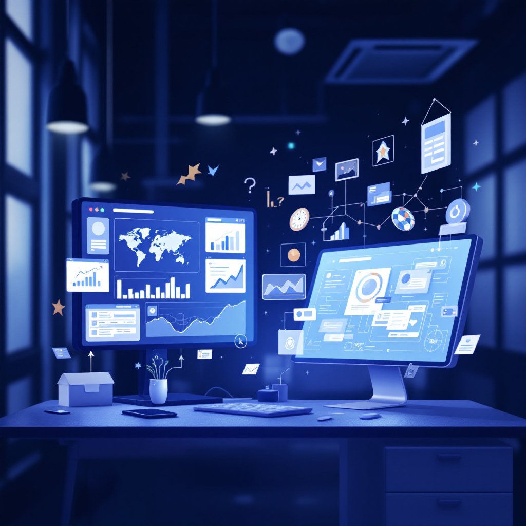 keyword research in concepts, modern technology workspace, digital interface, clean tech aesthetic, informative visualization, detailed illustration, informative visual, clean professional design