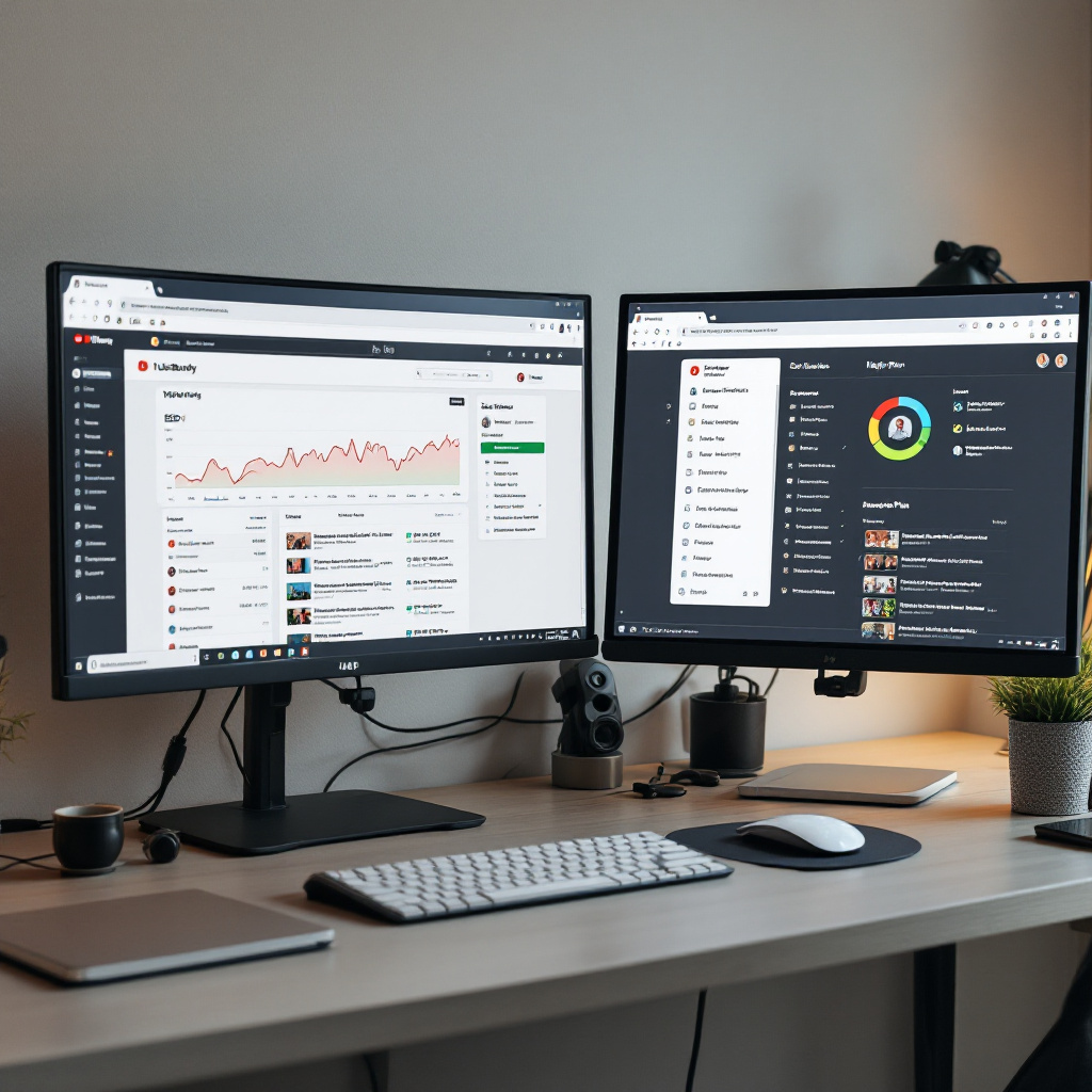Editorial photo of a creator’s desk with dual monitors: TubeBuddy-style YouTube analytics and tags panels beside a separate website SEO keyword plan interface
