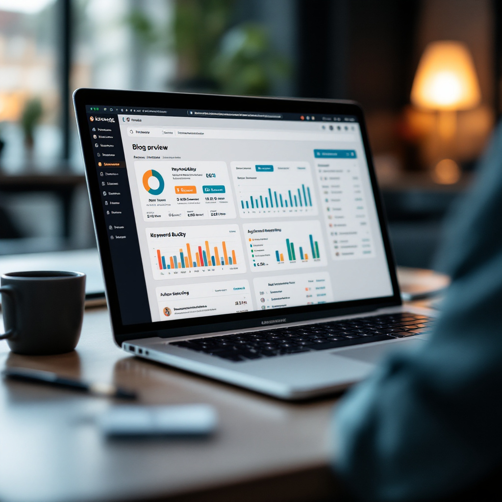 editorial close-up of laptop screen showing KeywordBuddy-style SEO dashboard, website URL, keyword ranking bars, and auto-generated blog preview, modern workspace lighting, professional photo