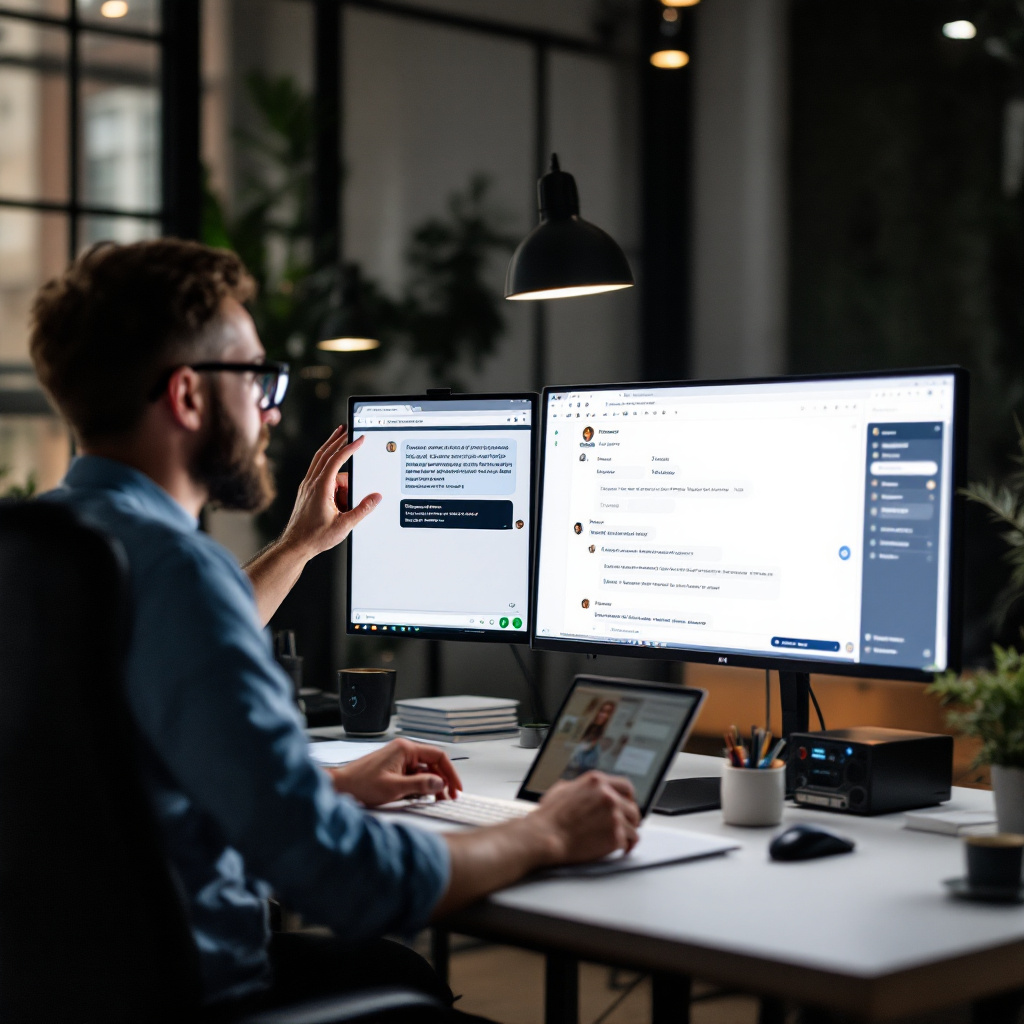 professional editorial photo of a product team in a modern studio reviewing an interactive ChatGPT-style chatbot interface on dual monitors, prompt-driven agent flows visible