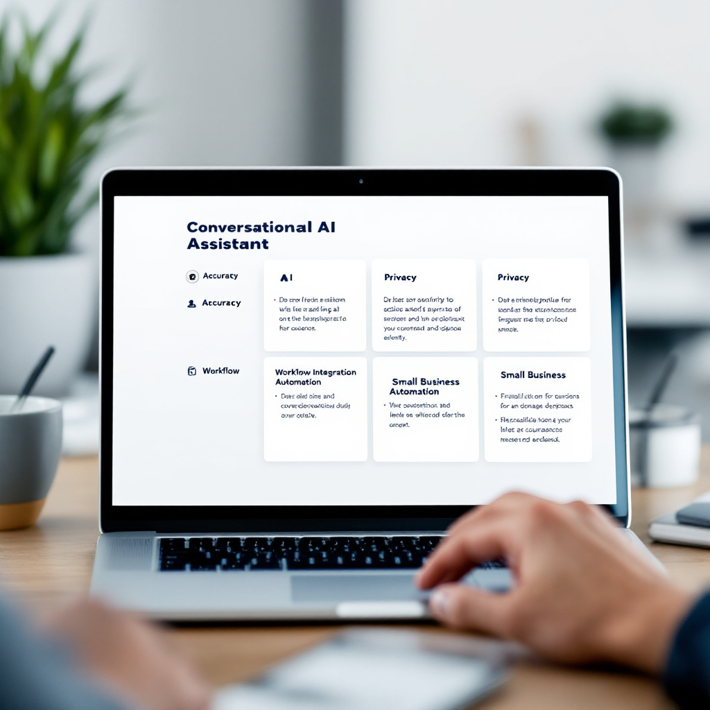 editorial photo of a comparison dashboard on laptop, four labeled panels assessing conversational ai assistant priorities: accuracy, privacy, workflow integration, small business automation