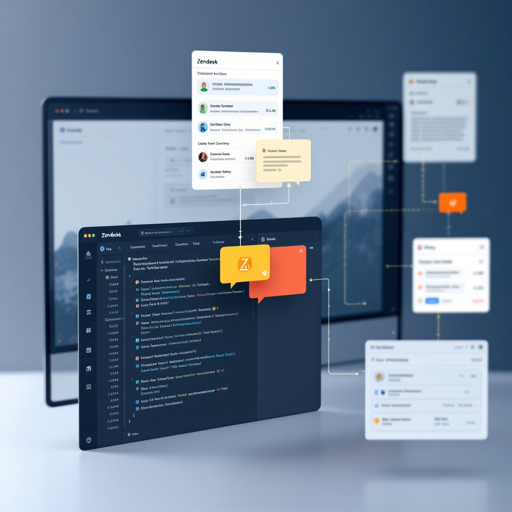 Editorial photo of sleek middleware dashboard routing messages between Zendesk ticket screen, commerce order lookup, and analytics survey form with logs, retry indicators, transforming payloads.