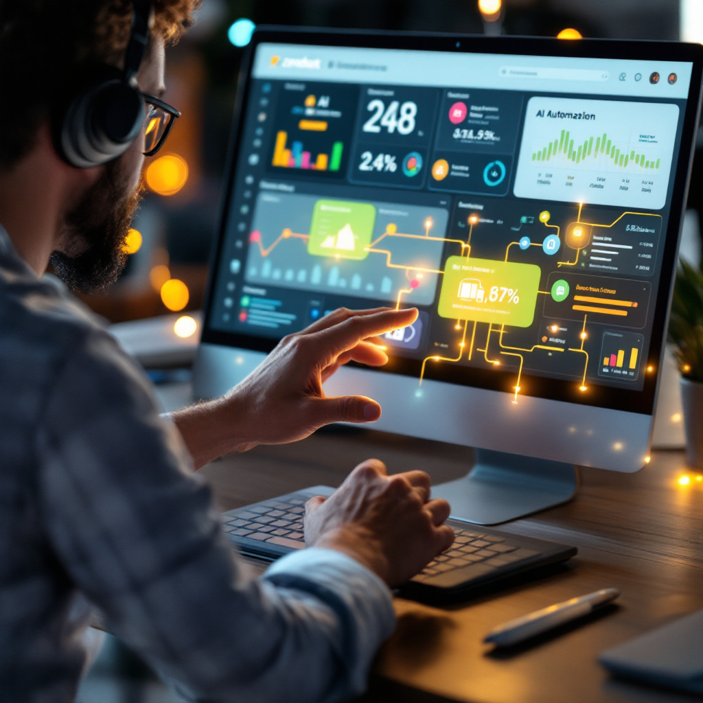 Small business support agent configuring Zendesk integrations dashboard, connecting CRM, e-commerce, and analytics tiles, AI automation indicators glowing on a cloud help desk UI.