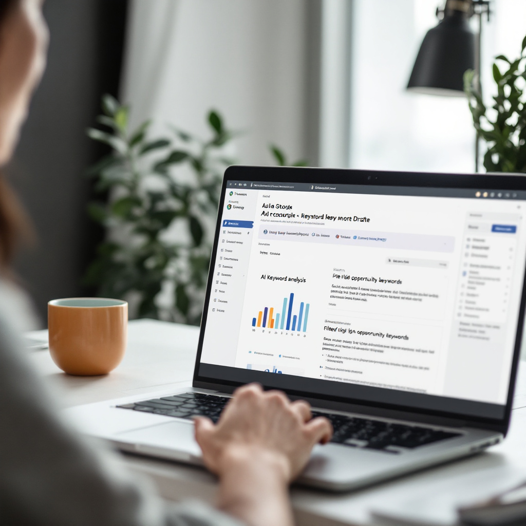 Editorial photo-style scene: laptop showing site URL input, AI keyword analysis charts, filtered high-opportunity keywords, and publish-ready SEO blog draft panel.