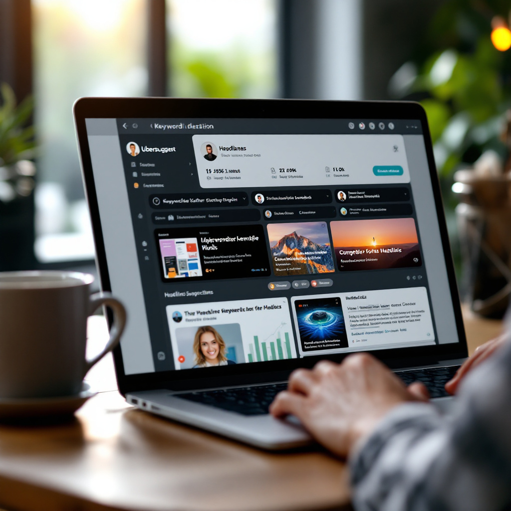 Editorial photo of freelancer laptop screen showing Ubersuggest-like keyword ideation dashboard with competitor snapshot cards and headline suggestions, coffee shop desk, natural light, modern UI glow.