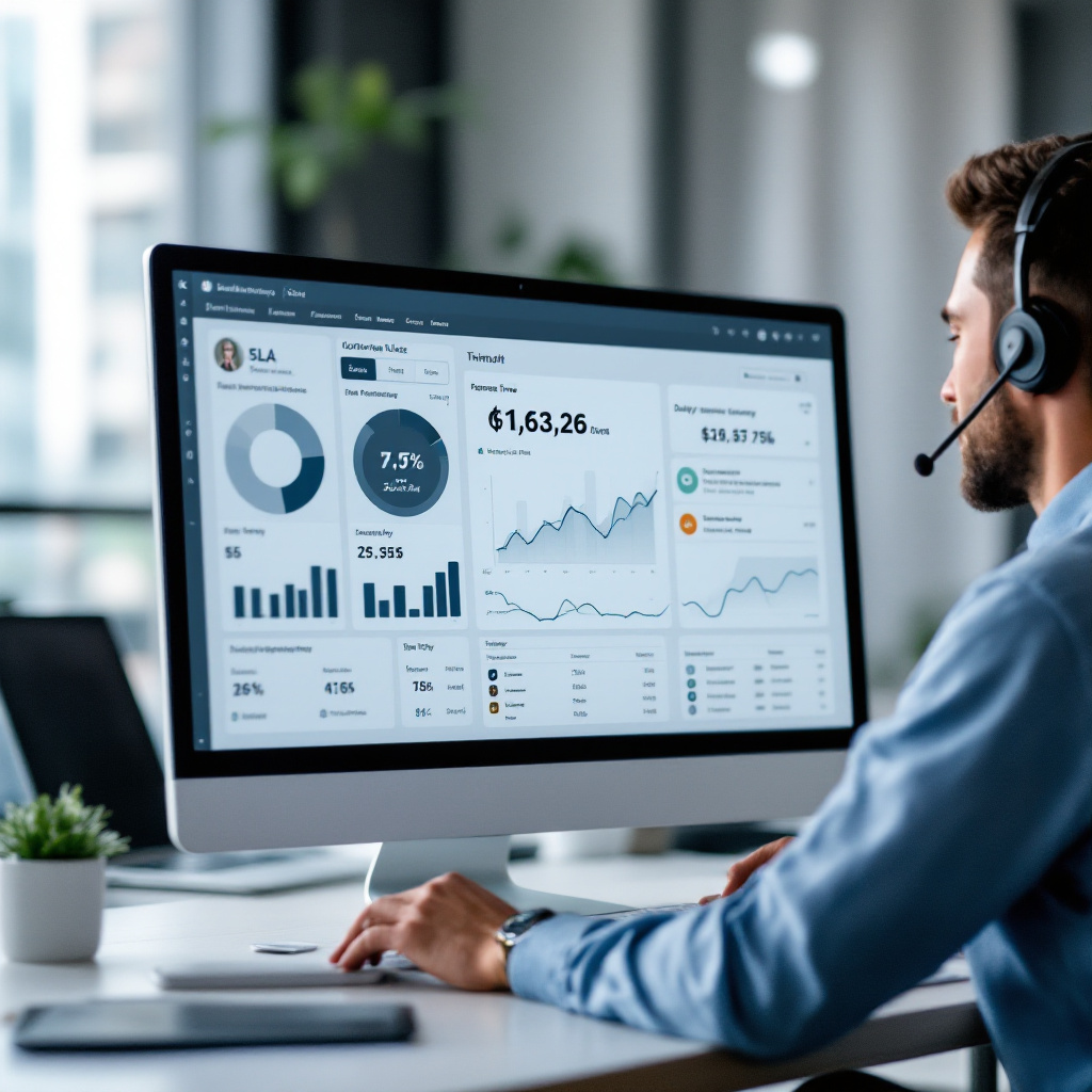 Customer support manager monitoring support ticket software dashboard: SLA timers, breach alerts, response-time charts, daily and monthly reports on widescreen in modern office.