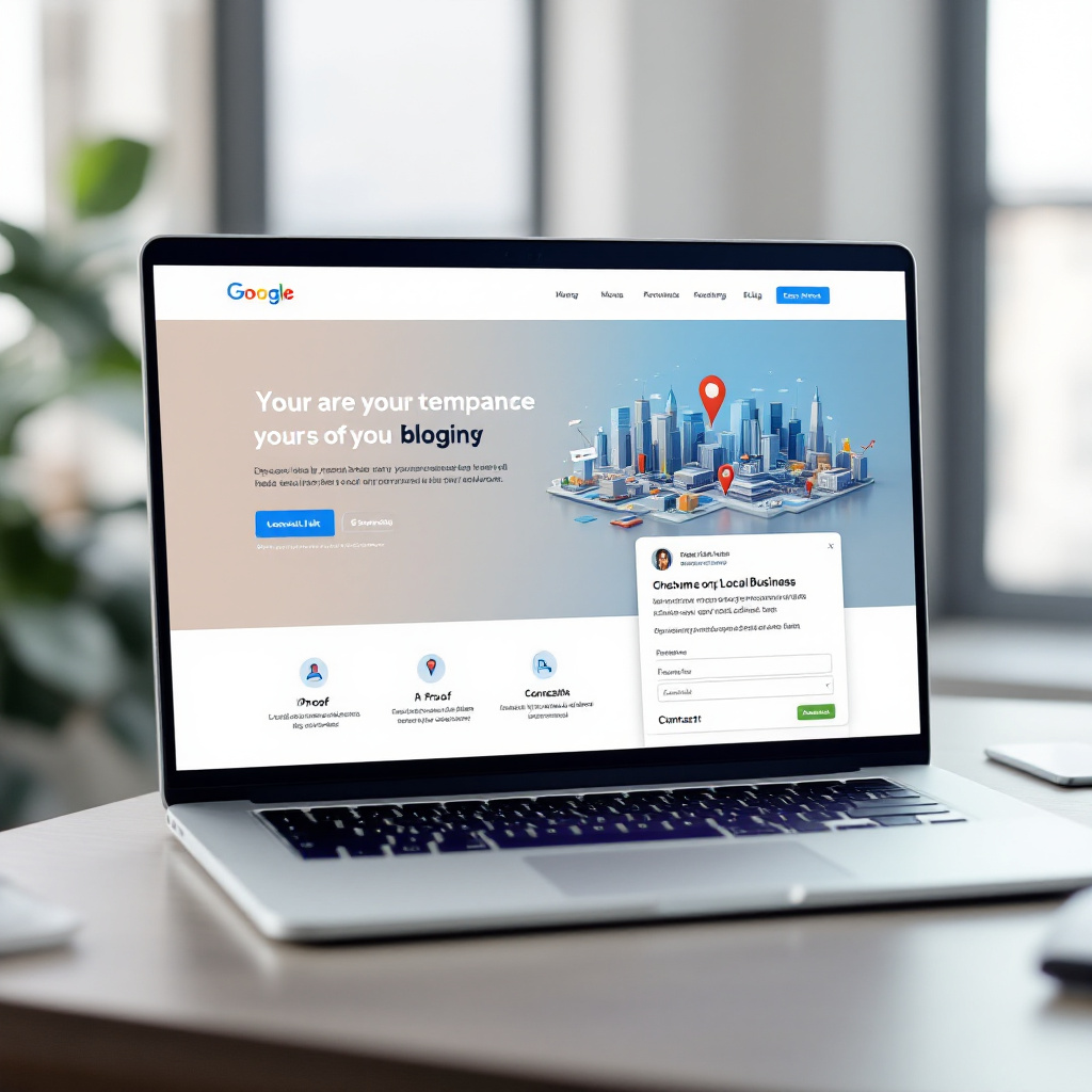 modern landing page layout on laptop showing headline, proof badges, location pin, metadata snippets, internal link side
