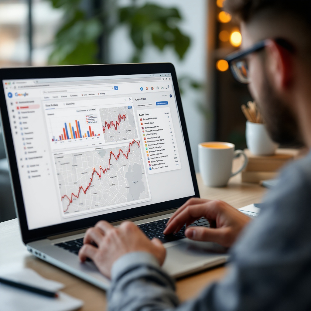 SEO specialist fixing site speed and crawl blockers on laptop, map-like local keyword targeting dashboard, leads tracked