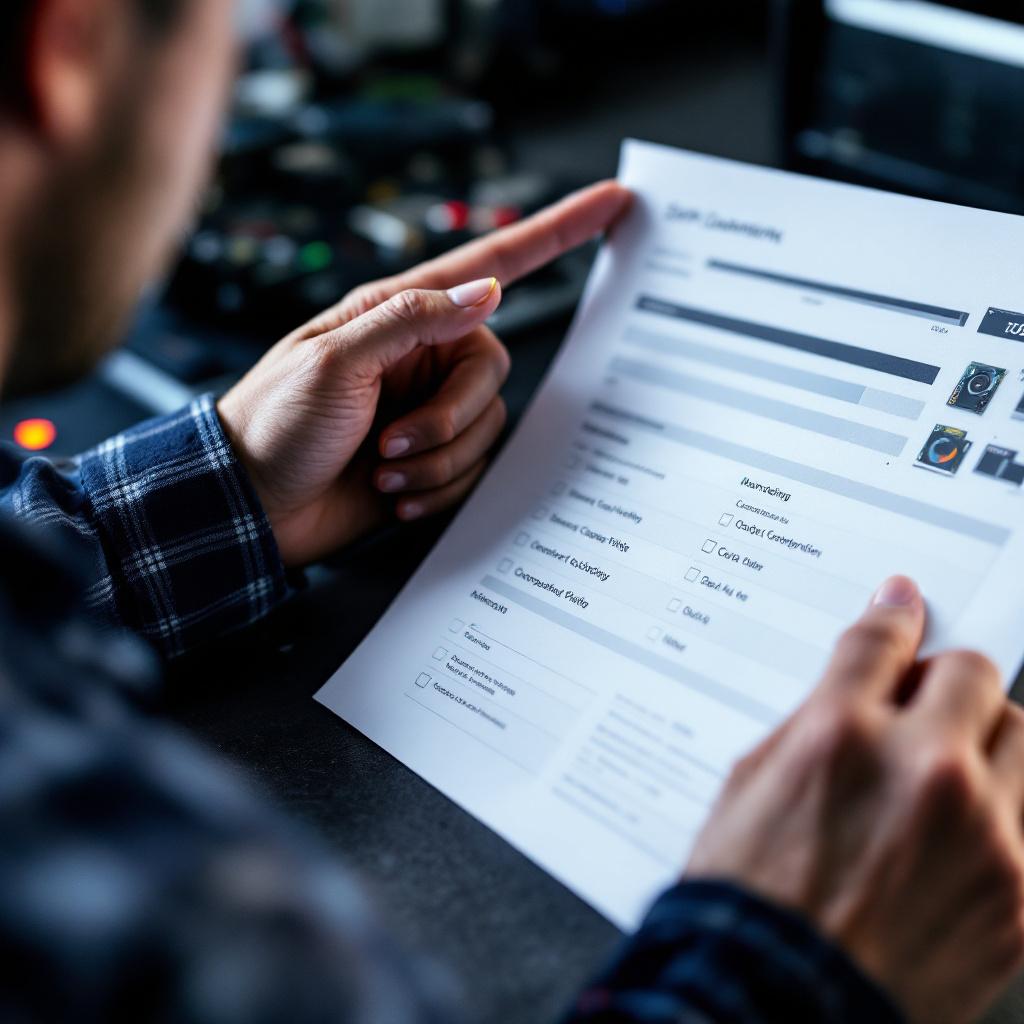 a technician inspecting a labeled prebuilt gaming PC motherboard spec sheet, pointing to one critical compatibility chec