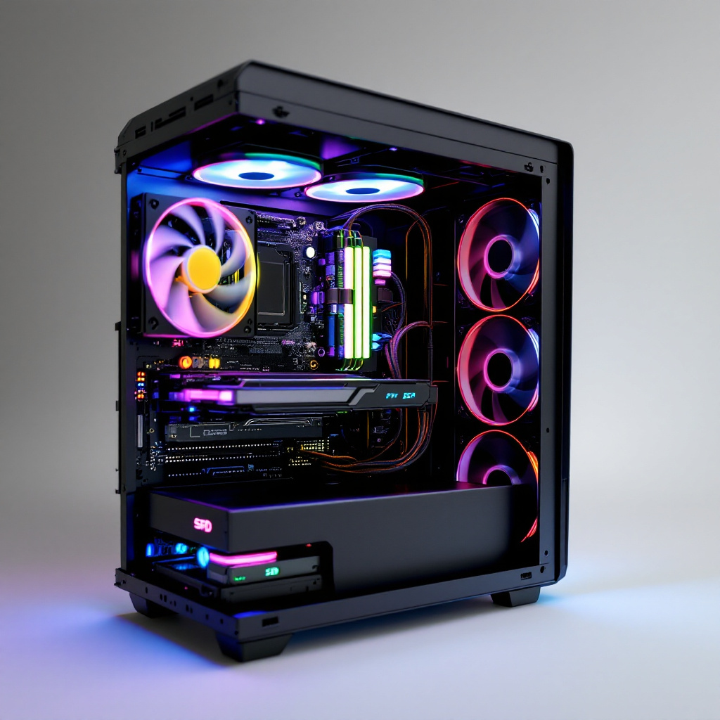 Editorial studio photo of an open prebuilt gaming PC case, highlighting motherboard power headers and compatible cable r
