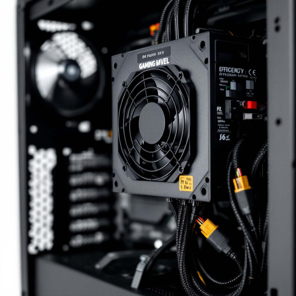 Editorial studio photo of open prebuilt gaming PC showing labeled PSU model, efficiency rating sticker, modular cable po
