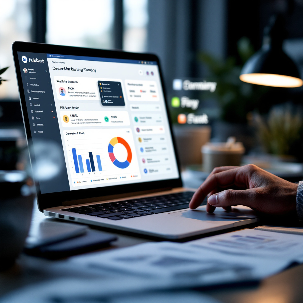 modern marketing operations desk with analyst reviewing fubo free trial conversion funnel dashboard on laptop, overlay o