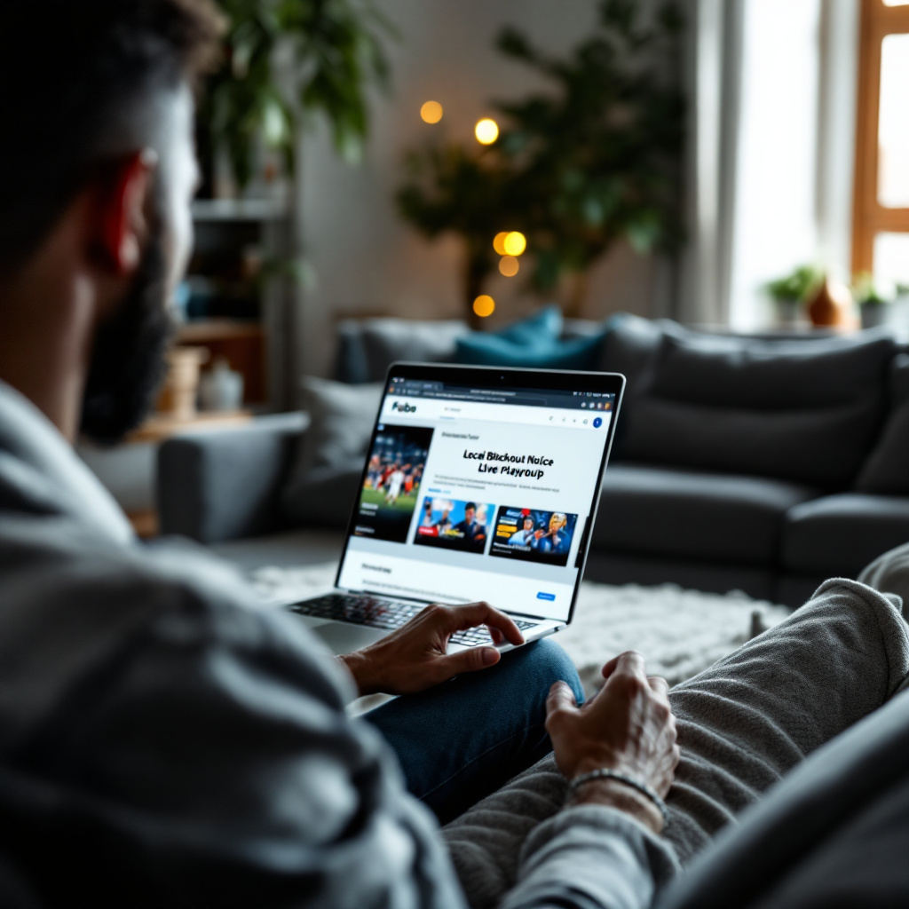 Sports fan on living-room sofa using laptop with Fubo free trial page, showing blurred local blackout notice and live pl