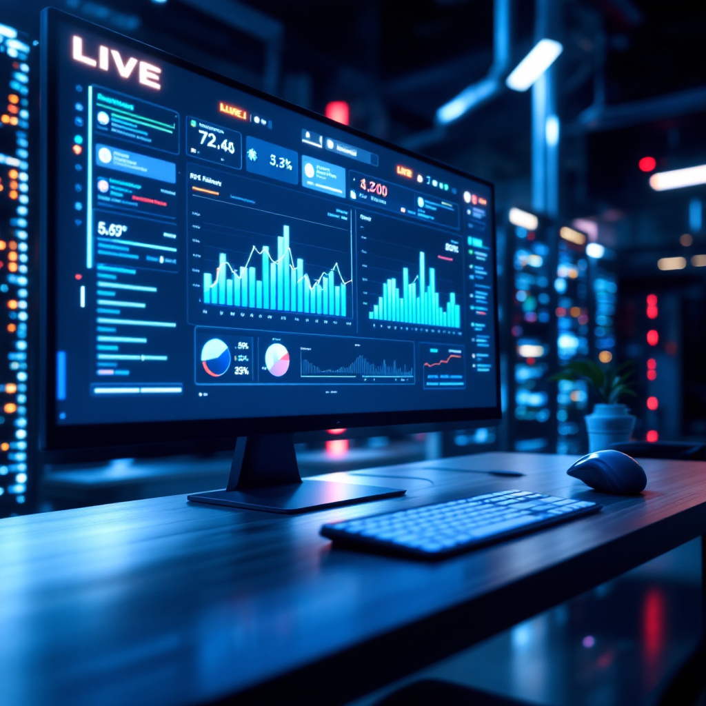 a futuristic game studio workstation monitoring cross-platform live-service dashboards, server racks glowing, charts sug