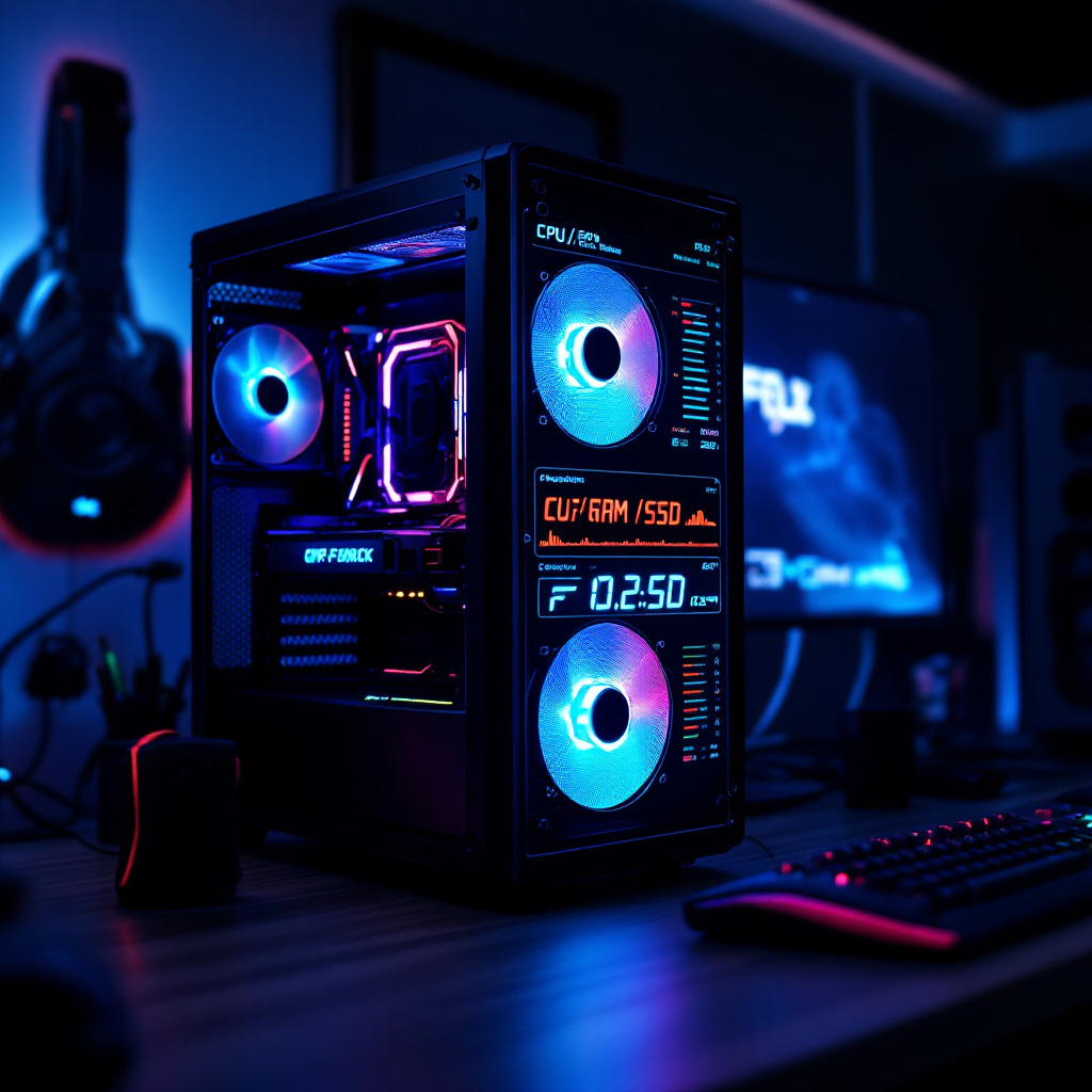 PC case open on desk, GPU installed yet system stutters shown via diagnostic overlay, focus on CPU/RAM/SSD bottleneck in