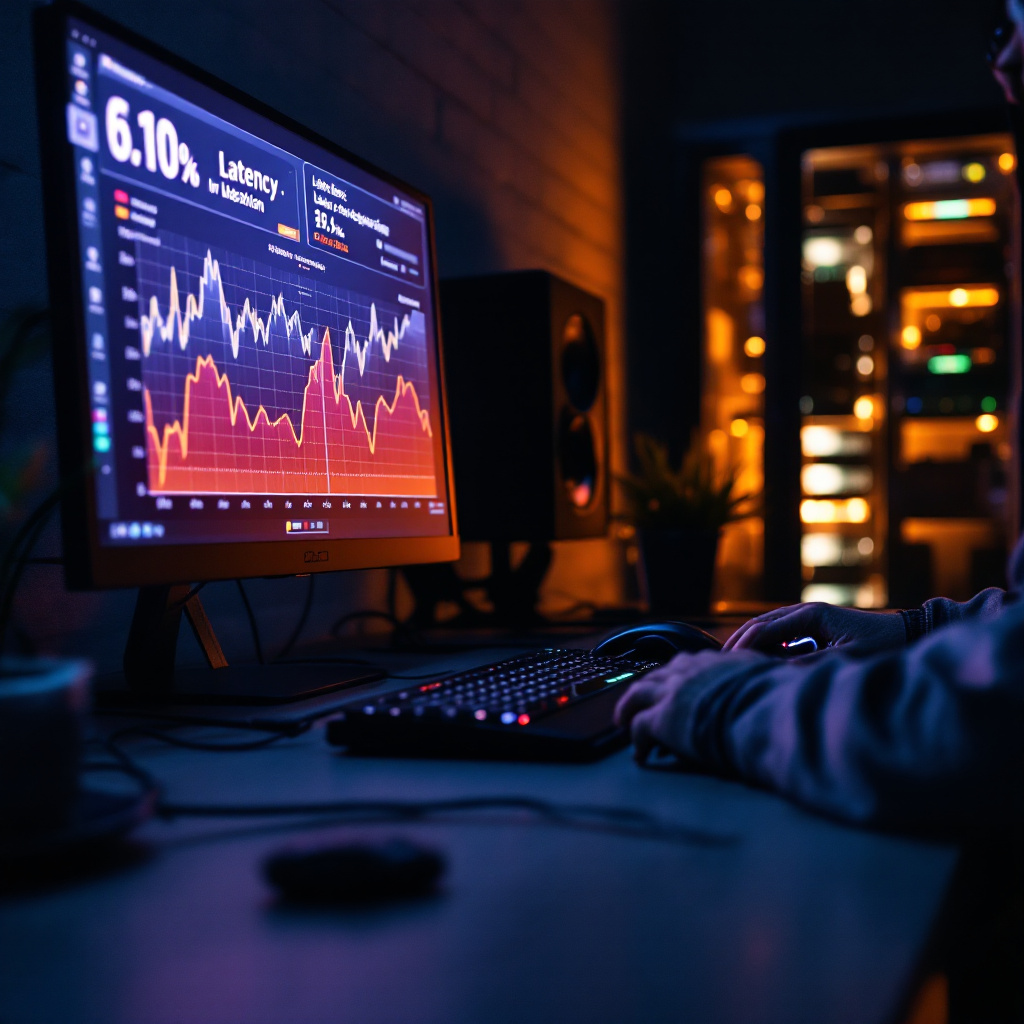 gamer at desk using wired Ethernet to laptop, network diagnostics graphs showing latency reduction, nearby server room g