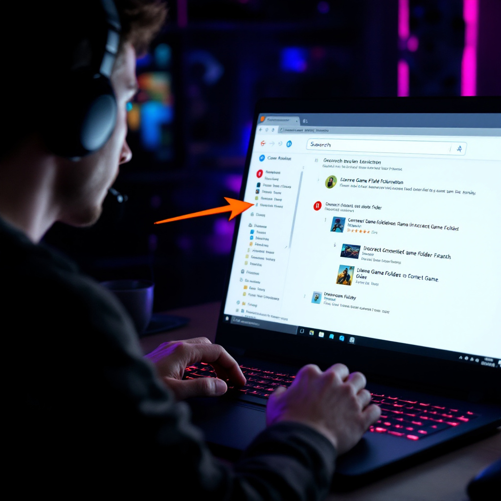 Editor-style scene of a gamer frustrated at a laptop screen showing search results misdirected to incorrect game folder 