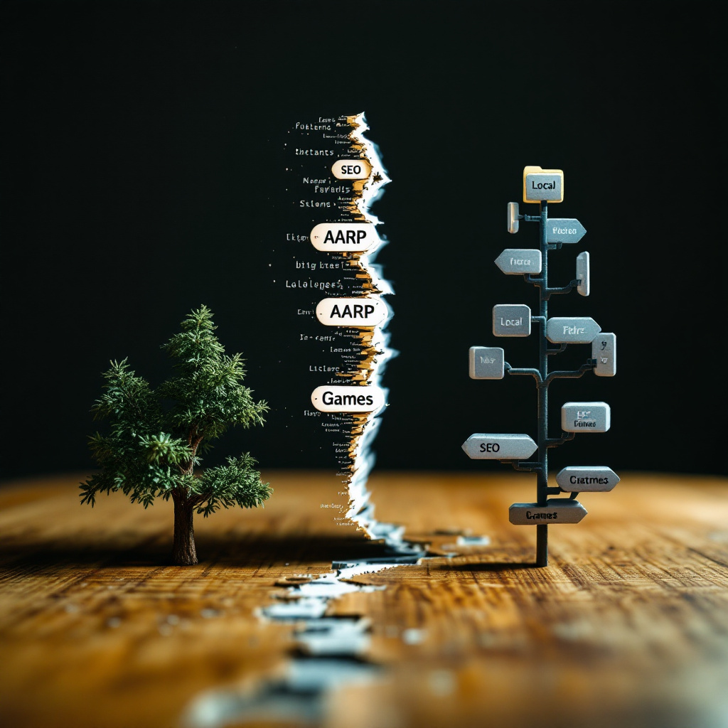 mismatched digital breadcrumbs: web page sitemap and local folder tree labeled “AARP” and “Games” split apart, SEO icons