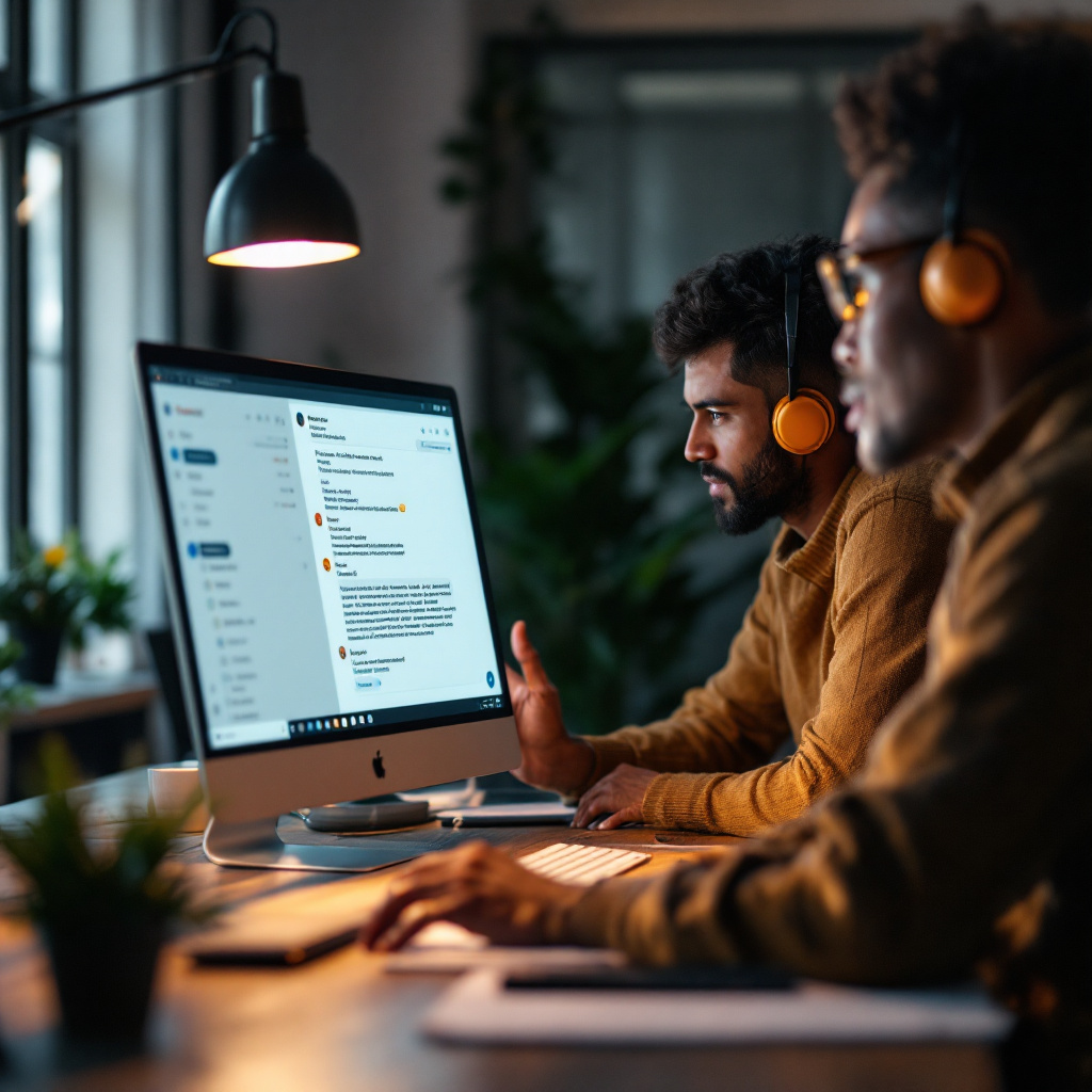 small startup customer support team collaborating around shared email inbox screen, warm conversation notes, personalize