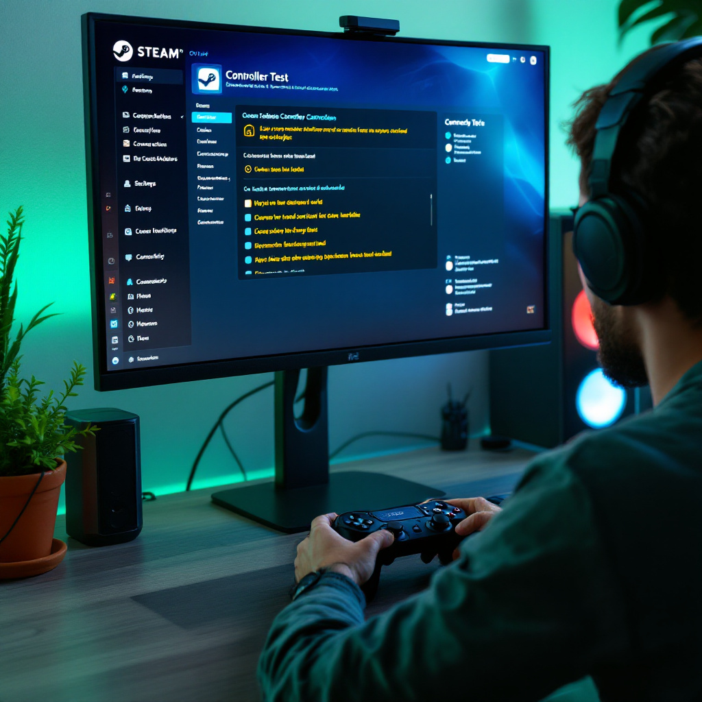 scene: gamer at desk testing controller on PC with visible Steam settings and controller test screen, checklist notes on