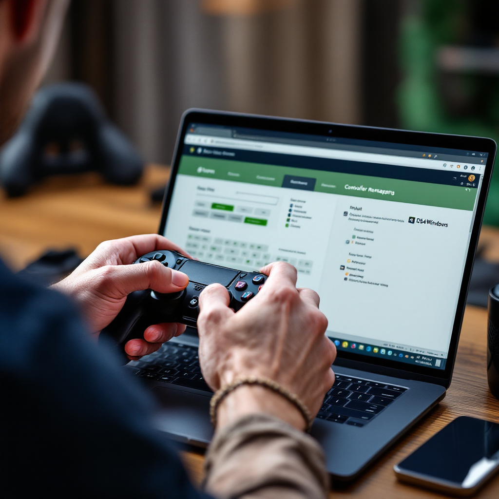 hands configuring controller remapping on a laptop: Steam Input and DS4Windows UI visible, keyboard/mouse mapping overla