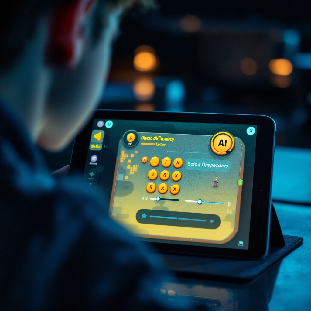 a tablet game screen showing adaptive difficulty sliders and solo AI opponent, reflected in focused student face, cool m