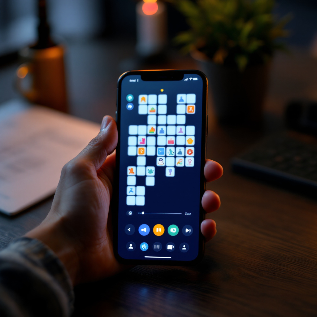 a smartphone showing an offline educational board-game UI, hands placing digital tiles, subtle AI solo mode icons, moder