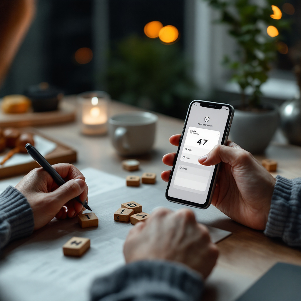 person on smartphone launching an offline math puzzle app beside a compact board-game set, subtle checklist overlay, smo