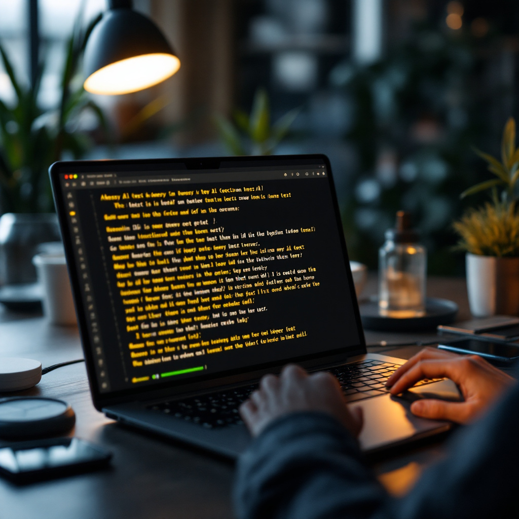 Modern editorial workspace: laptop screen shows messy AI text morphing into humanlike prose, surrounded by grammar and t