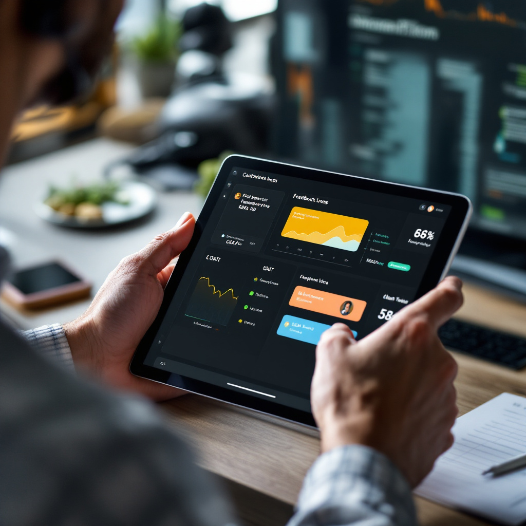 customer support analyst mapping feedback loops on a tablet, dashboard showing first-response time and CSAT linked to ch