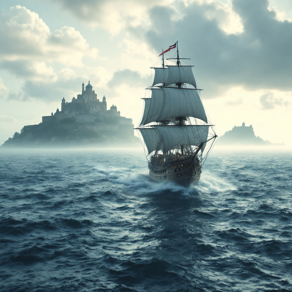 graph of a Caribbean brig sailing through misty open sea