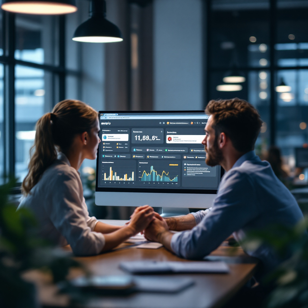 Small marketing team in modern coworking space viewing Awario-like online dashbo