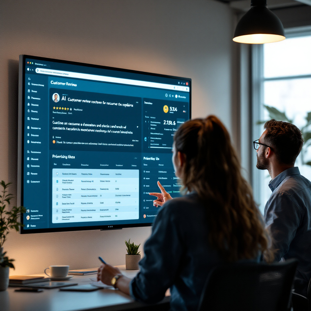 of product and CX team reviewing customer review text on large dashboard