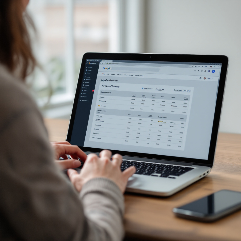 of marketer at desk using laptop with Google Keyword Planner interface