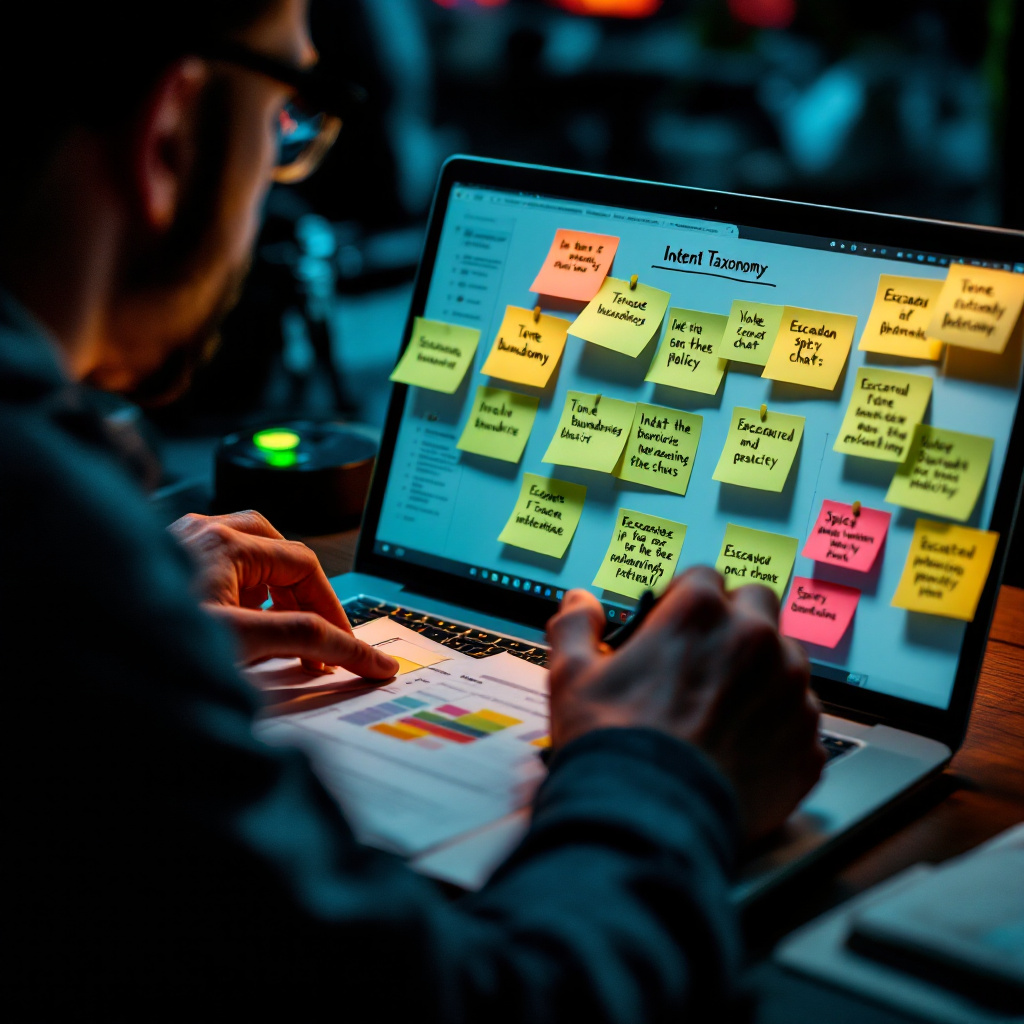 of UX designer drafting intent taxonomy chart on laptop