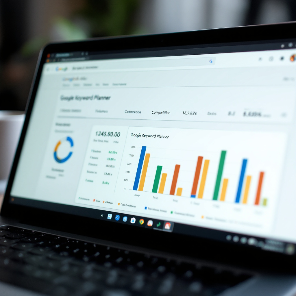 laptop screen showing Google Ads interface with Google Keyword Planner keywords