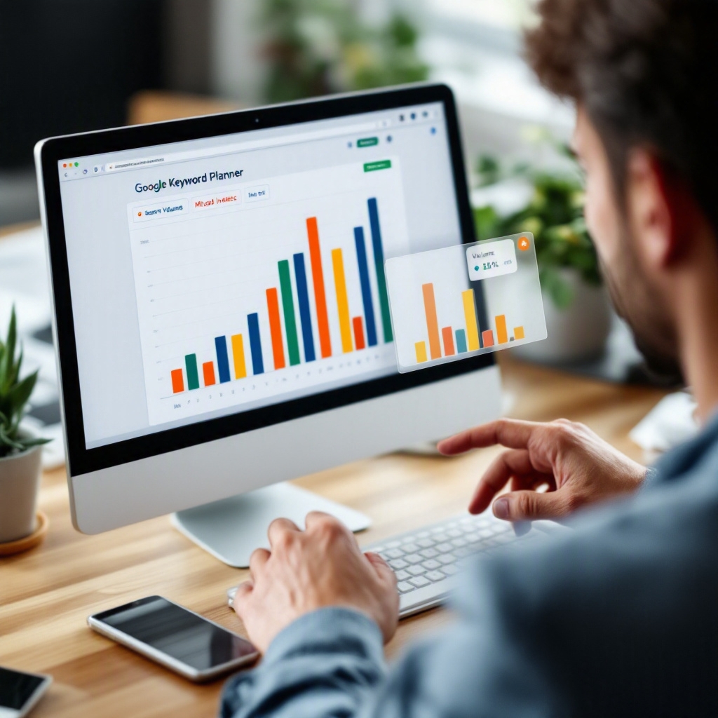 of marketer analyzing Google Keyword Planner screen with bar-chart search volume
