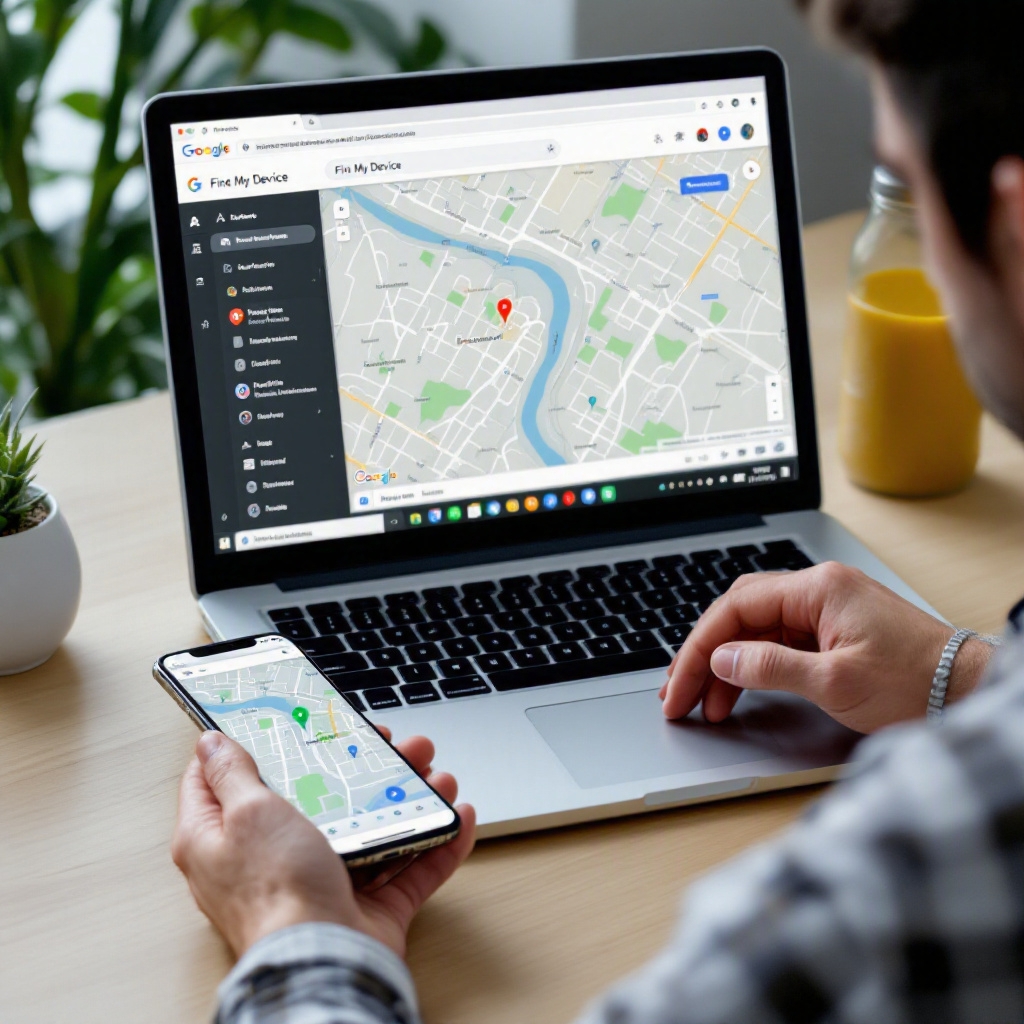 of a developer on laptop checking Google Find My Device web map