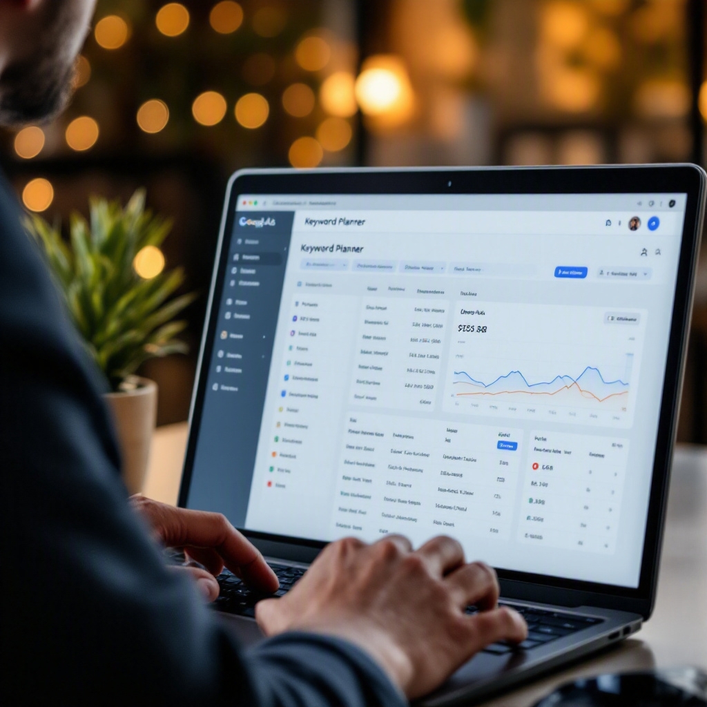 of marketer at laptop open to Google Keyword Planner dashboard