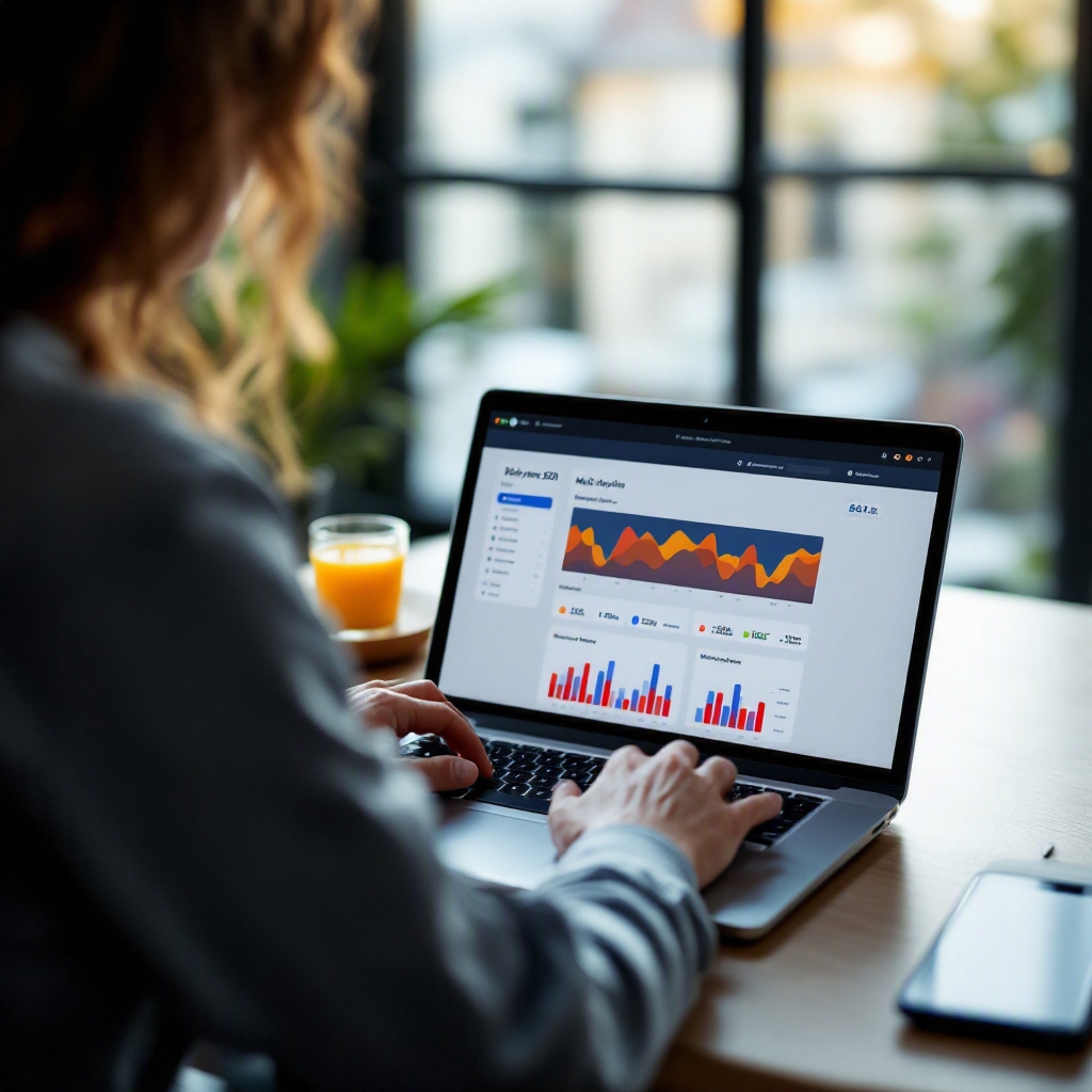 Agency SEO strategist using a laptop dashboard showing multi-client keyword rank