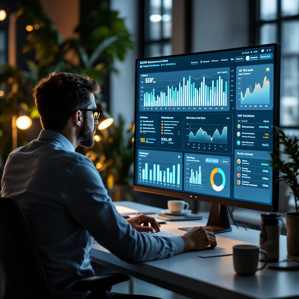 SEO analyst in modern office watching multi-day SERP position dashboard with AI