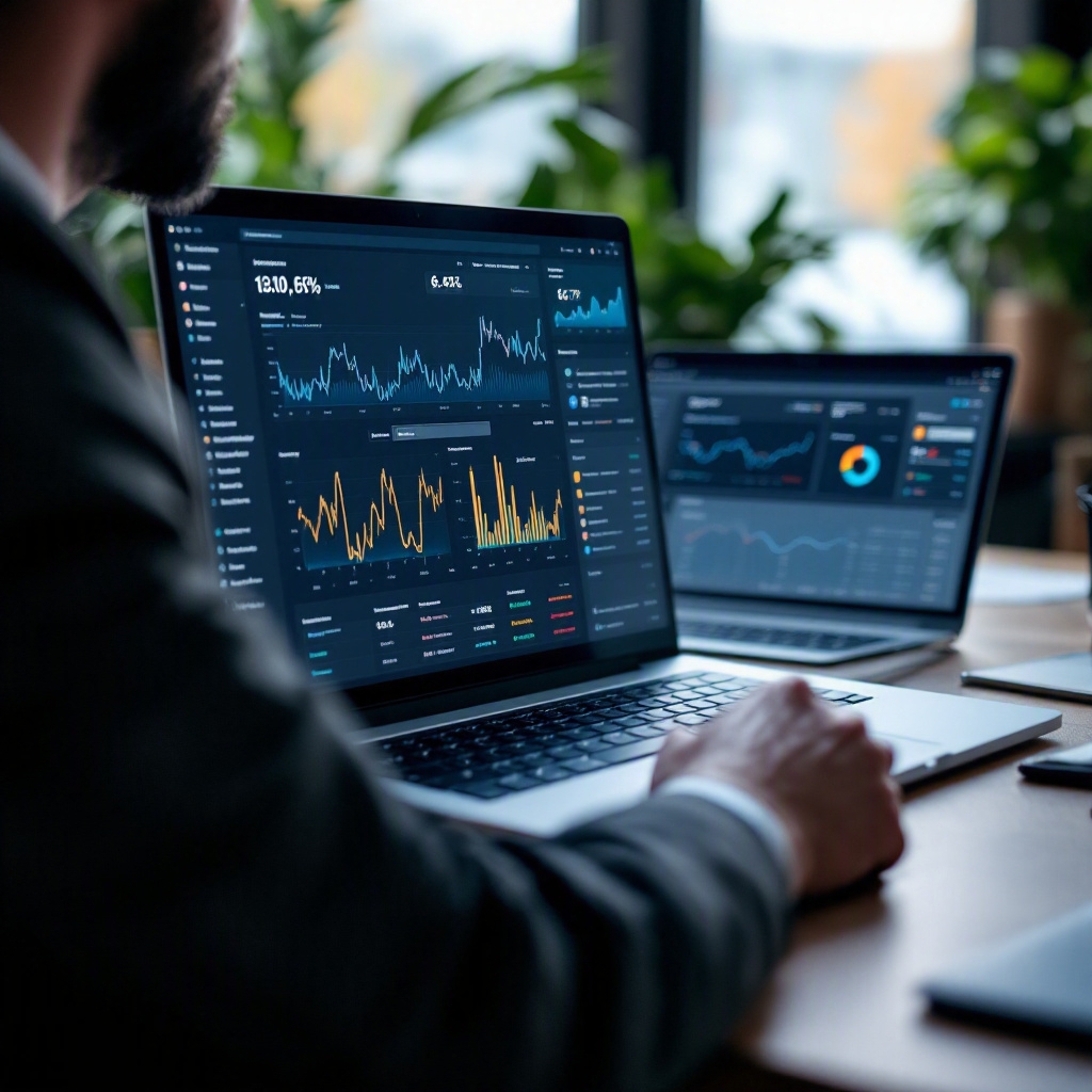 SEO analyst monitoring multi-engine search rank tracking dashboards on laptop