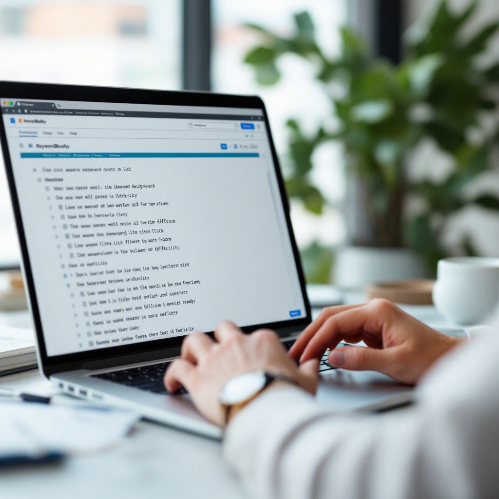 of SEO analyst using laptop showing KeywordBuddy interface: site-aware keyword l